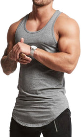 Mens Essential Longline Workout Stringer Cotton Tank Tops Gym Shirts Sports Vest T04