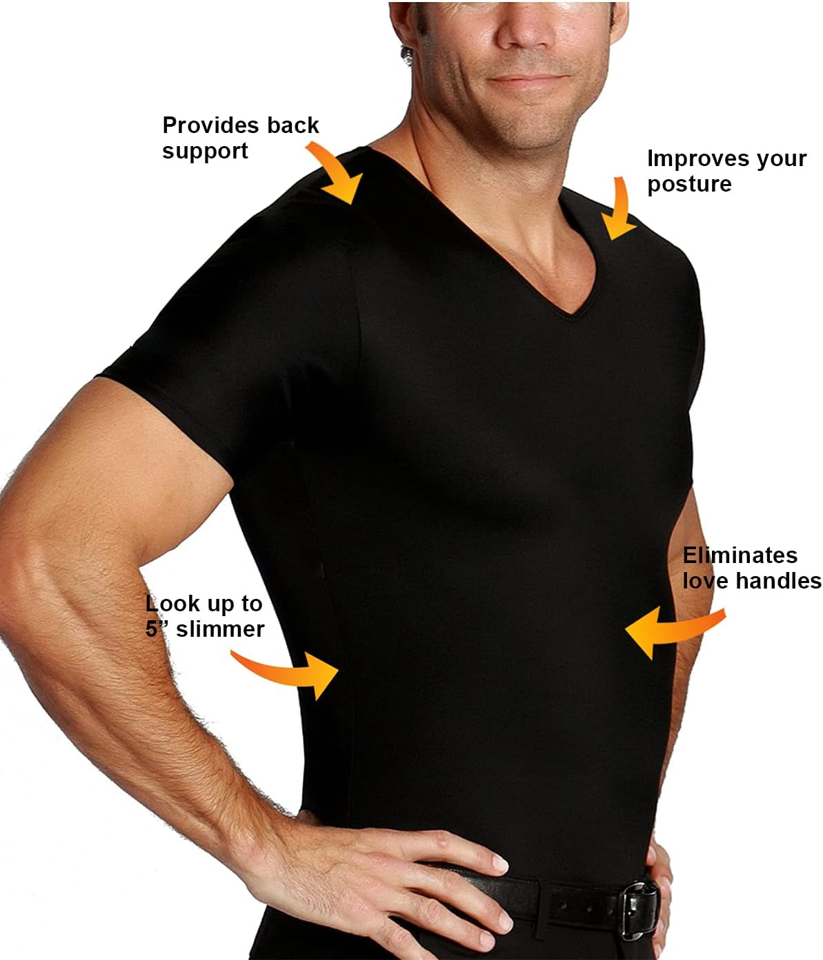 - Made in USA - Men’S Slimming Compression Body Shaper V-Neck for Back Support, Gynecomastia & Hernias