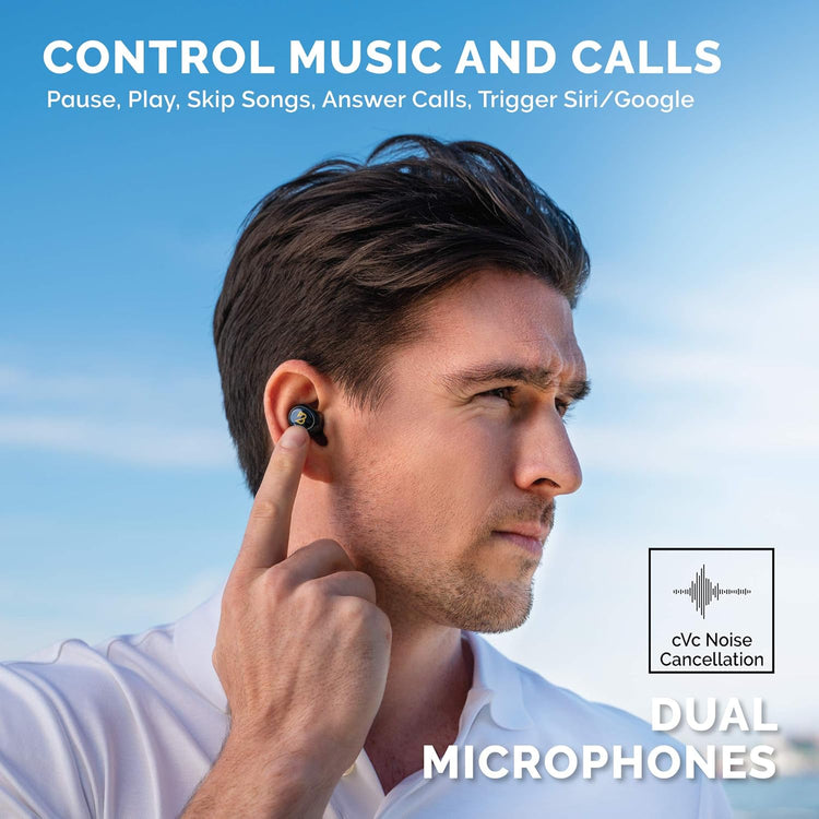 Duet 50 Pro – Sweatproof Wireless Bluetooth Earbuds, 130 Hour Long Battery Life for Iphone, Android, Mini Charging Case, TWS Headphones with Microphone, Gift for Runners